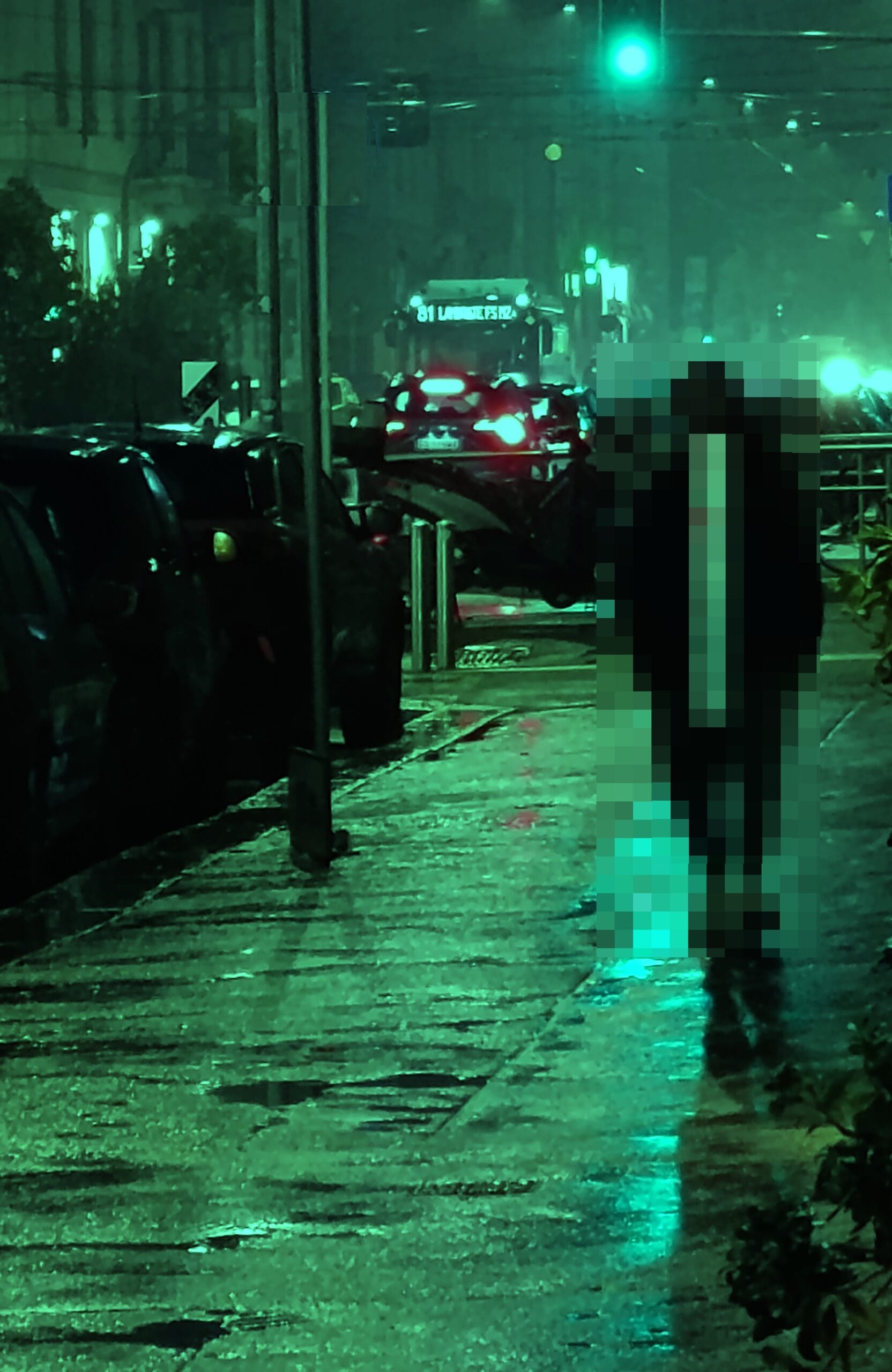 Dark night in the city a pixelate Shadow walk in the rain