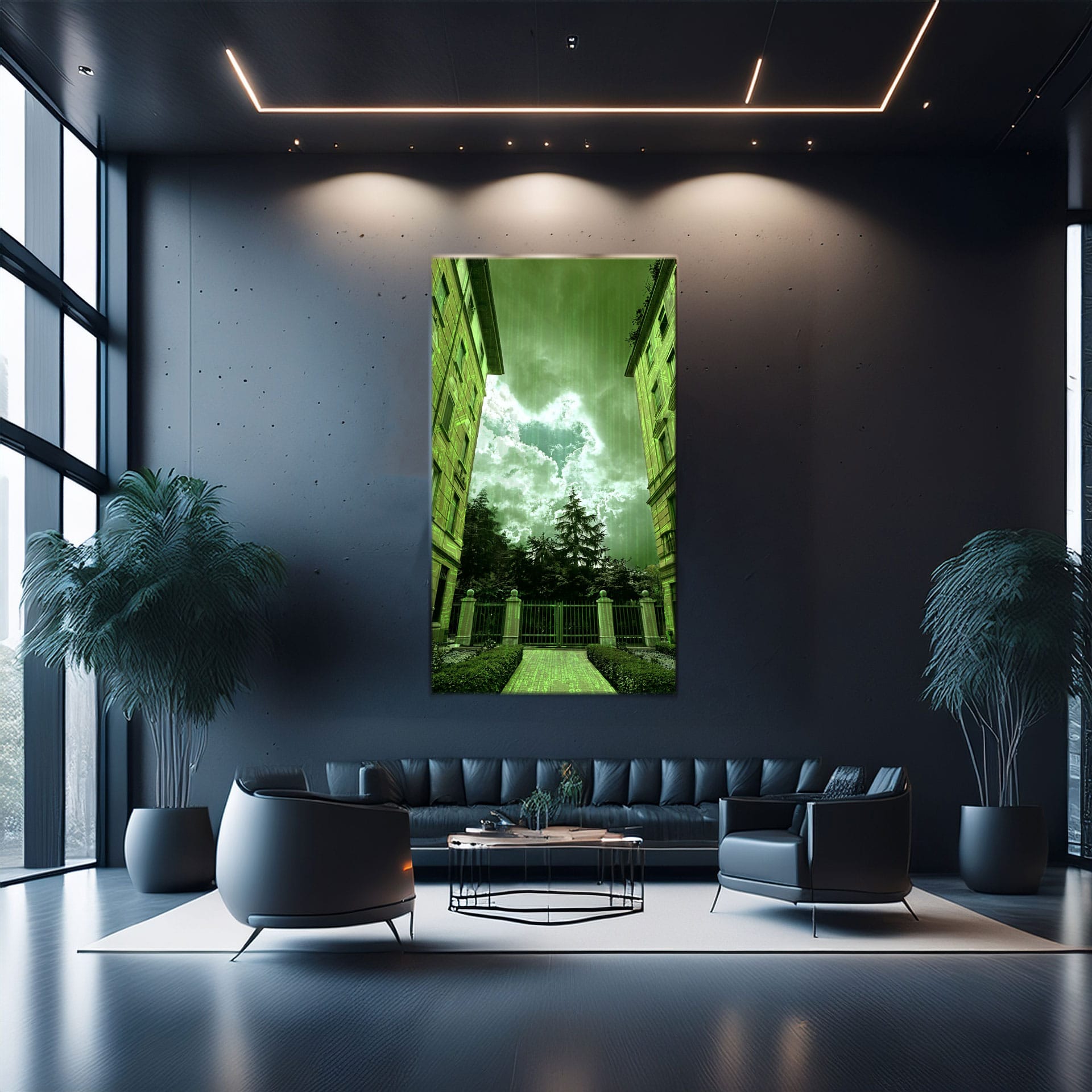 Futuristic corporate lobby, dark graphite wall, enormous vertical fine art print, cyberpunk aesthetic, architectural lighting, modern furniture, luxury technology headquarters.
